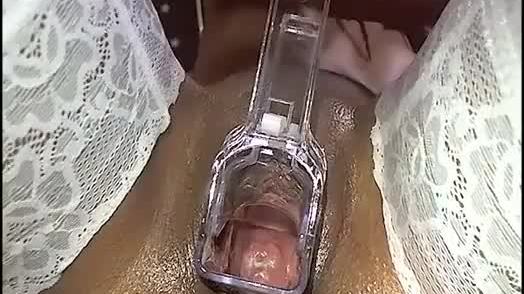 Wet and gaping ebony pussy up close