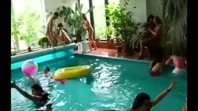 Hot party babes fucking at poolside