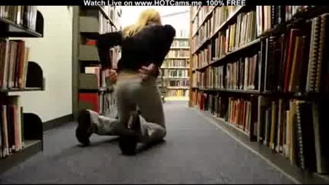 Cute blonde teen bj & doggystyle in public library